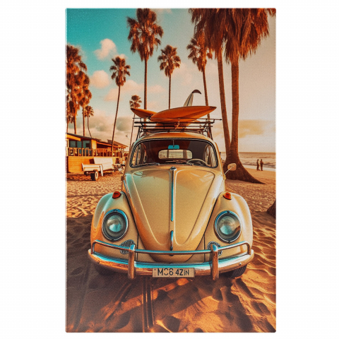 Tablouri Canvas - Tablou Canvas Mașină de Epocă pe Plajă | Pictură Digitală Concediu la Mare, Marime 40x25CM