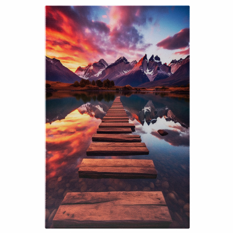 Pathway of Wooden Planks on Lake - Digital Art with Mountain Background, Marime 40x25CM