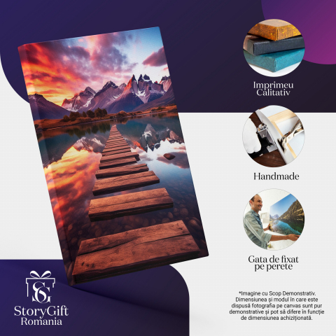 Pathway of Wooden Planks on Lake - Digital Art with Mountain Background, Marime 40x25CM [1]