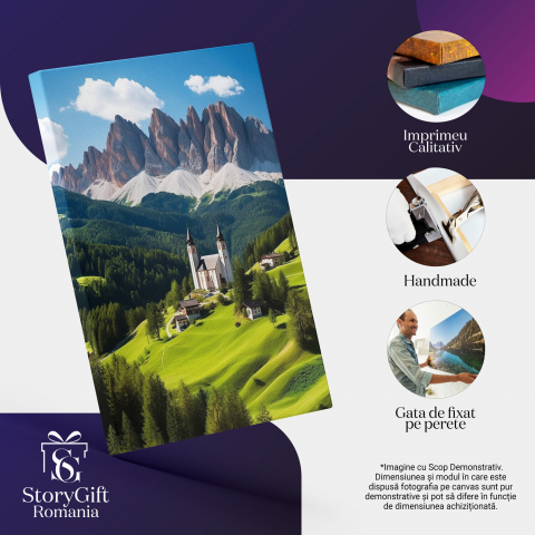 Tablou Canvas Peisaj de Vis | Case, Biserică, Natură, Pictură Digitală, Marime 40x25CM [1]