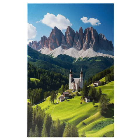 Munte - Tablou Canvas Peisaj de Vis | Case, Biserică, Natură, Pictură Digitală, Marime 40x25CM