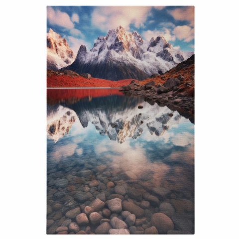 Peisaj - Tablou Canvas Peisaj Montan de Iarnă | Pictură Digitală cu Zăpadă, Apă și Pietre, Marime 40x25CM