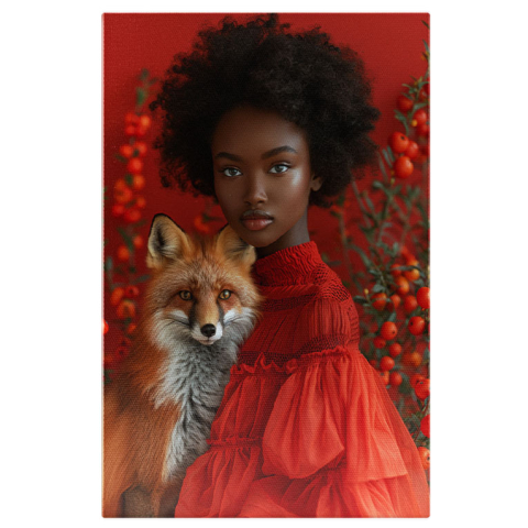 Abstract - Tablou Canvas  Frumoasa Negresa cu Buzele Mari si Parul Brunet in Rochie Rosie cu Vulpea Roscovana in Brate , Pictura Digitala 40x25CM