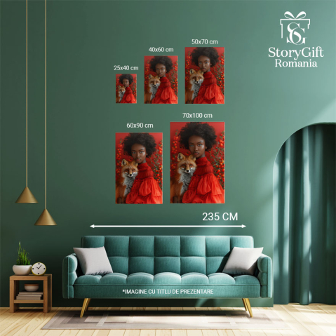 Tablou Canvas  Frumoasa Negresa cu Buzele Mari si Parul Brunet in Rochie Rosie cu Vulpea Roscovana in Brate , Pictura Digitala 40x25CM [3]