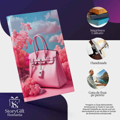 Poșetă Roz Eleganta - Tablou Canvas în Peisaj Roz cu Nori Albi, Marime 40x25CM [1]