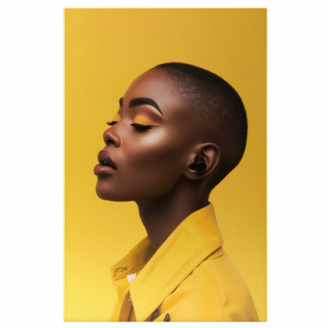 Beautiful Young Woman with Yellow Makeup and Earphone – Digital Art, Marime 40x25CM