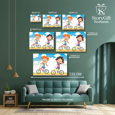 Tablou Canvas Frumoasele Fete cu Pistrui Fericite Merg la Plimbare pe Bicicletele Colorate in Parc 40x25CM [4]
