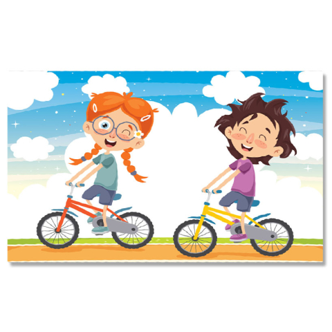 Tablouri Canvas - Tablou Canvas Frumoasele Fete cu Pistrui Fericite Merg la Plimbare pe Bicicletele Colorate in Parc 40x25CM