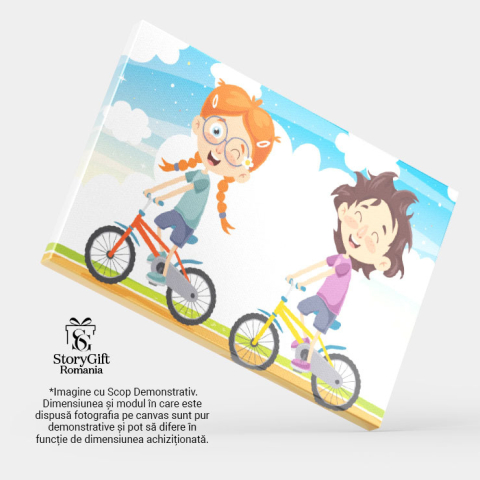 Tablou Canvas Frumoasele Fete cu Pistrui Fericite Merg la Plimbare pe Bicicletele Colorate in Parc 40x25CM [3]