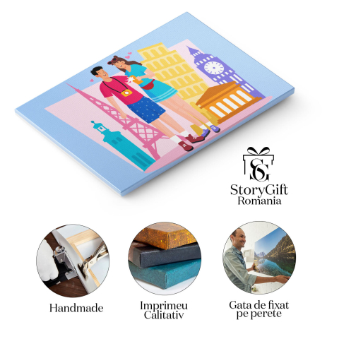 Tablou Canvas Frumosii Indragostiti Calatorind in Toata lumea cu Aparat Foto si Telefonul Mobil cu Inimioare 40x25CM [1]