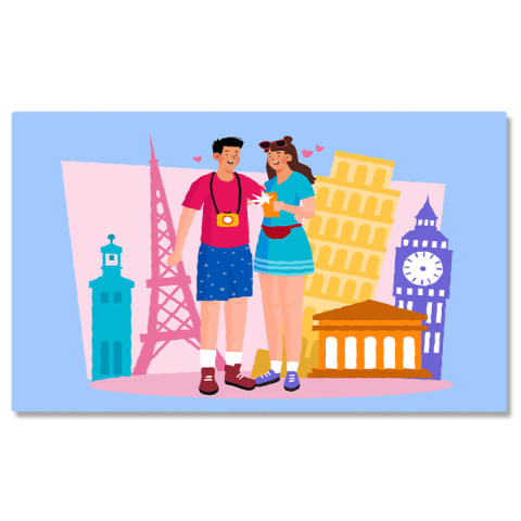 Oraș - Tablou Canvas Frumosii Indragostiti Calatorind in Toata lumea cu Aparat Foto si Telefonul Mobil cu Inimioare 40x25CM