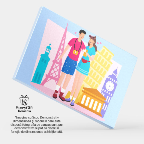 Tablou Canvas Frumosii Indragostiti Calatorind in Toata lumea cu Aparat Foto si Telefonul Mobil cu Inimioare 40x25CM [3]