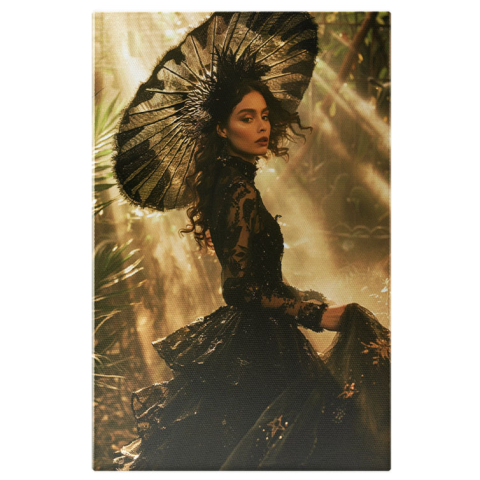 Modă - Tablou Canvas: Frumusețe Captivă Femeia în Rochie Neagră Lungă și Pălărie Evantai în Vegetație Pictura Digitala 40x25CM