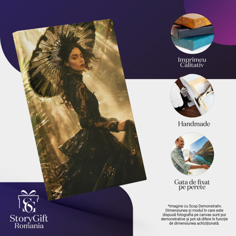 Frumusețe Captivă - Femeie în Rochie Neagră și Pălărie în Vegetație Luxuriantă, Marime 40x25CM [1]