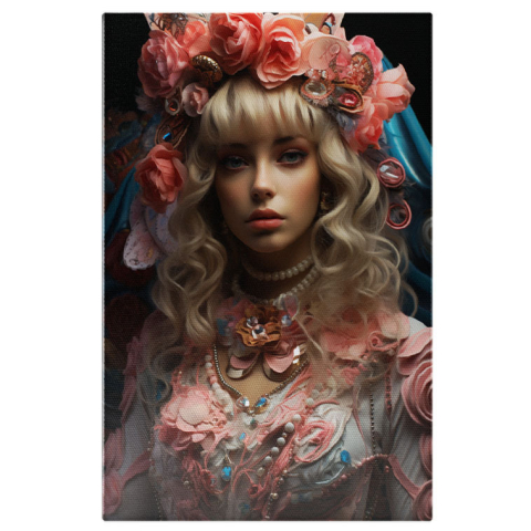 Portret - Tablou Canvas: Frumusete in haine stridenteBlond,  Lucrari de arta, Barbie, Flori taiate, intuneric, Papusa Pictura Digitala 40x25CM