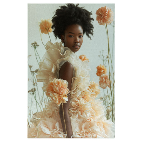 Modă - Tablou Canvas Frumusețea Fără Frontiere Portret Feminin cu Flori în Nuanțe de Nude , Pictura Digitala 40x25CM