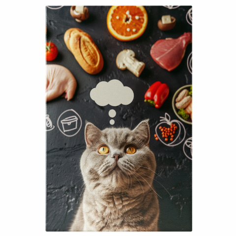 Tablouri Canvas - Tablou Canvas Gândurile Gastronomice ale Motanului British Shorthair - Fericirea Papilelor, Marime 40x25CM