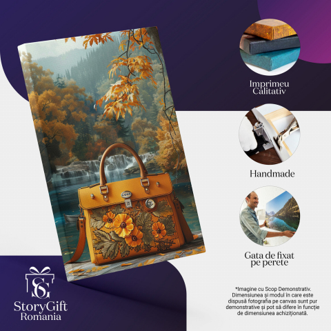 Tablou Canvas Geantă Retro Florală Portocalie pe Malul unui Râu Curgător | Pictură Digitală, Marime 40x25CM [1]