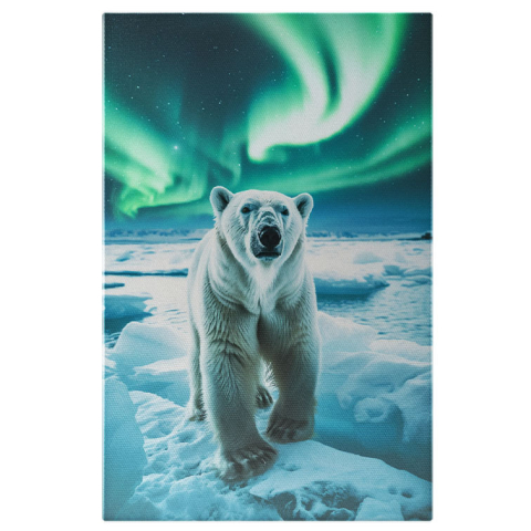 Animale - Tablou Canvas: Gheața Aurorei Boreale și Privirea Ursului Polar în Lumina Verde din Zăpadă Pictura Digitala 40x25CM