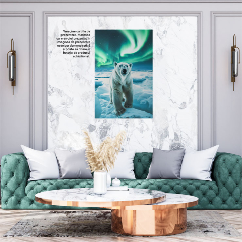 Tablou Canvas: Gheața Aurorei Boreale și Privirea Ursului Polar în Lumina Verde din Zăpadă Pictura Digitala 40x25CM [1]