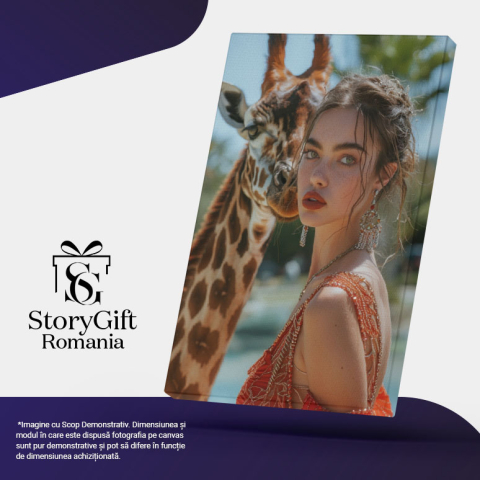Tablou Canvas  Girafa care Priveste catre o Fata cu Ochii Verzi si Cercei Lungi in Rochie Rosie cu Bretele si Pistrui , Pictura Digitala 40x25CM [4]