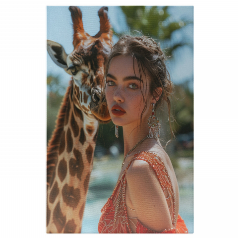 Animale - Girafa și Fata cu Ochii Verzi în Rochie Roșie, Marime 40x25CM