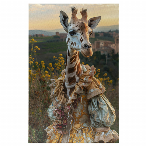 Girafa Tânără în Rochie Medievală în Câmpul cu Flori Sălbatice - Pictură Digitală, Marime 40x25CM