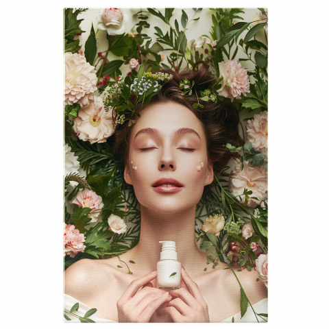 Fată Naturistă Prezentând Produse din Plante – Pictură Digitală Florală, Marime 40x25CM