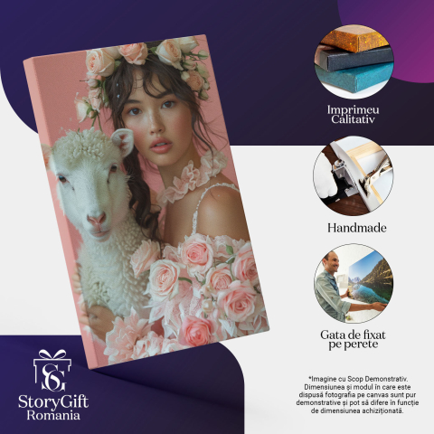 Tablou Canvas  Girl with the Sheep cu Blana Pufoasa Alba cu Trandafirii Roz si Par Saten cu Pistrui si Ochii Caprui , Pictura Digitala 40x25CM [2]