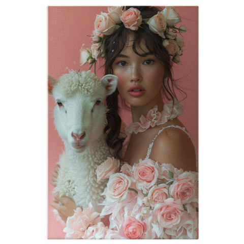 Animale - Tablou Canvas  Girl with the Sheep cu Blana Pufoasa Alba cu Trandafirii Roz si Par Saten cu Pistrui si Ochii Caprui , Pictura Digitala 40x25CM