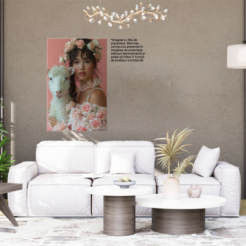 Tablou Canvas  Girl with the Sheep cu Blana Pufoasa Alba cu Trandafirii Roz si Par Saten cu Pistrui si Ochii Caprui , Pictura Digitala 40x25CM [1]