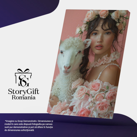 Tablou Canvas  Girl with the Sheep cu Blana Pufoasa Alba cu Trandafirii Roz si Par Saten cu Pistrui si Ochii Caprui , Pictura Digitala 40x25CM [4]