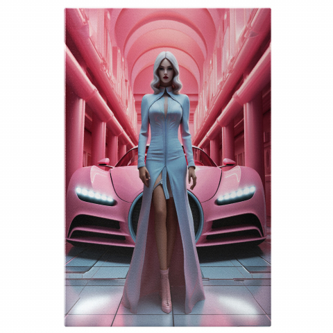 Modă - Tablou Canvas - Glamour și Adrenalină - O Prezență Strălucitoare în Fața Bolidului de Lux, Marime 40x25CM