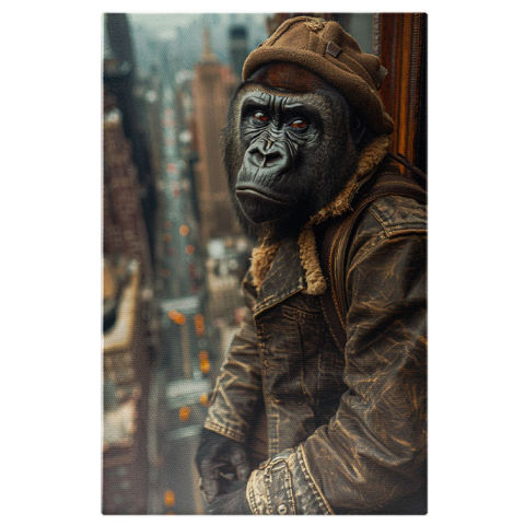Animale - Tablou Canvas  Gorila de Oras Imbracat in Haina de Blugi cu o Palarie pe Capmcare Admira Blocurile cu Ochii Maro , Pictura Digitala 40x25CM