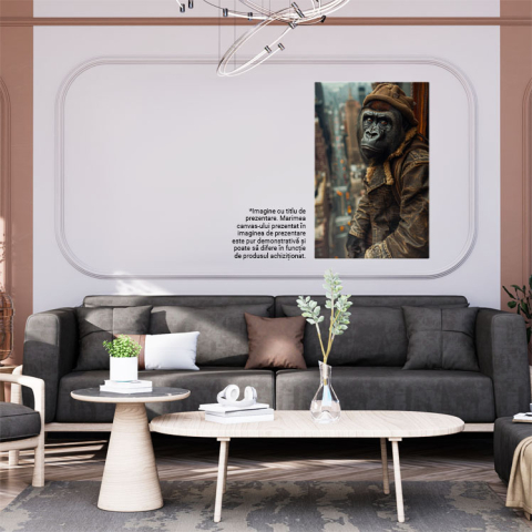 Tablou Canvas  Gorila de Oras Imbracat in Haina de Blugi cu o Palarie pe Capmcare Admira Blocurile cu Ochii Maro , Pictura Digitala 40x25CM [1]
