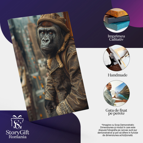 Tablou Canvas  Gorila de Oras Imbracat in Haina de Blugi cu o Palarie pe Capmcare Admira Blocurile cu Ochii Maro , Pictura Digitala 40x25CM [2]