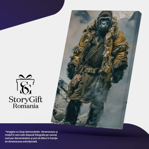 Tablou Canvas  Gorilă în costum de aplinist - Urcând printre stâncile munților în jachetă galbenă , Pictura Digitala 40x25CM [4]