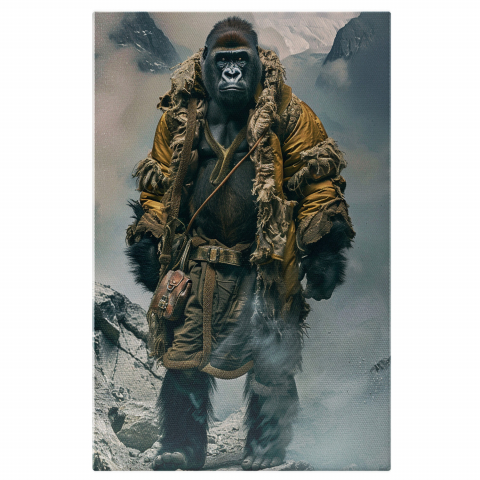 Animale - Tablou Canvas - Gorila în Costum de Aplinist: Urcând Printre Stâncile Munților în Jacheta Galbenă, Marime 40x25CM