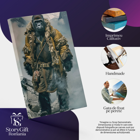 Tablou Canvas - Gorila în Costum de Aplinist: Urcând Printre Stâncile Munților în Jacheta Galbenă, Marime 40x25CM [1]