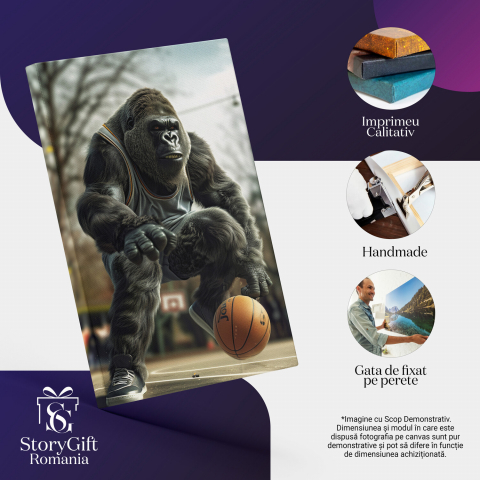 Tablou Canvas Gorila Sportivă - Animal Sălbatic pe Terenul de Baschet în Echipament cu Minge, Marime 40x25CM [1]
