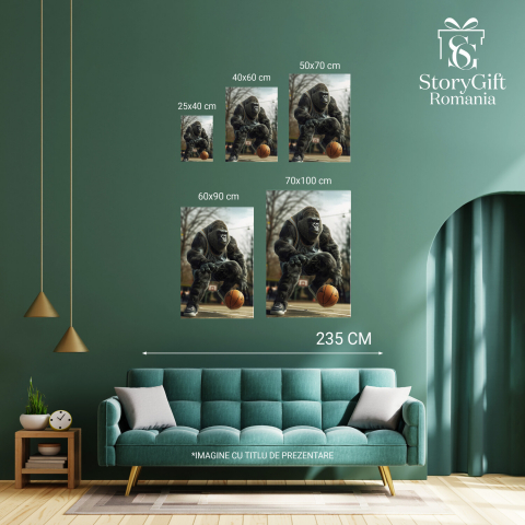 Tablou Canvas Gorila Sportivă - Animal Sălbatic pe Terenul de Baschet în Echipament cu Minge, Marime 40x25CM [3]