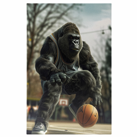 Sport - Tablou Canvas Gorila Sportivă - Animal Sălbatic pe Terenul de Baschet în Echipament cu Minge, Marime 40x25CM