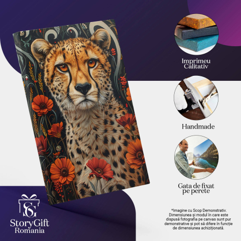 Tablou Canvas:  Grădină de flroi ce gazduiește un ghepard - Privire artistică dintre flori Pictura Digitala 40x25CM [2]