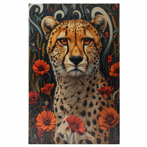 Grădina de Flori cu Ghepard - Pictură Digitală cu Privire Artistică, Marime 40x25CM