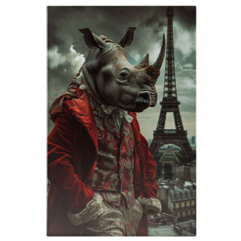 Abstract - Tablou Canvas Haine împărătești pe umerii rinocerului, în vizită la Paris - Turn Eiffel, palton din catifea roșie , Pictura Digitala 40x25CM