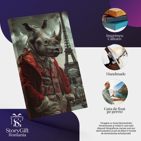 Tablou Canvas - Haine Împărătești pe Umerii Rinocerului, în Vizită la Paris, Palton din Catifea Roșie, Marime 40x25CM [1]