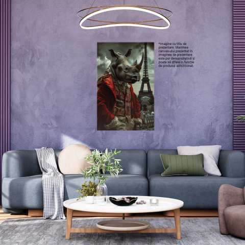 Tablou Canvas - Haine Împărătești pe Umerii Rinocerului, în Vizită la Paris, Palton din Catifea Roșie, Marime 40x25CM [2]