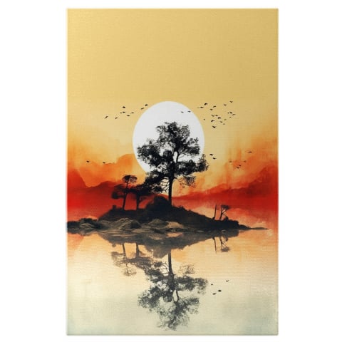 Tablouri Canvas - Tablou Canvas Copăcei Înconjurați de Apă | Pictură Digitală în Stil Japonez, Marime 40x25CM