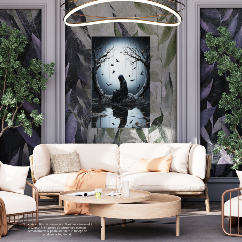 Tablou Canvas Femeie pe Piatră sub Lună Plină | Pictură Digitală cu Păsări, Marime 40x25CM [3]