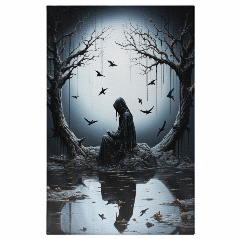 Tablou Canvas Femeie pe Piatră sub Lună Plină | Pictură Digitală cu Păsări, Marime 40x25CM